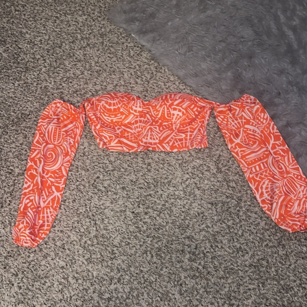 SHEIN Orange & White Seashell Patterned Corset Crop Top